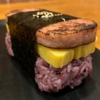 Spam Egg Musubi · baked sliced spam + Egg with purple rice and dried seaweed and eel sauce.