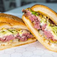 Phat Albert · Pastrami lean, mayo, mustard, onion, lettuce, tomato, pickles, pepperoncini, provolone.