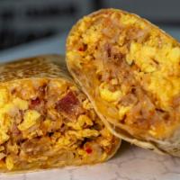 Rise & Shine Burrito · Shredded jack and cheddar cheese, eggs, hash brown, salsa.