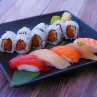 Sushi And Spicy Tuna Roll · 5pc Sushi (Tuna, Salmon, Albacore, Yellowtail, Shrimp), 8pc Spicy Tuna Roll
