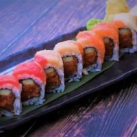 Spicy Rainbow Roll · Spicy tuna, cucumber, topped with assortment of fresh fish.