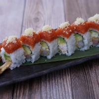 Hot Night Roll · Shrimp Tempura, crab, avocado, cucumber, topped with spicy tuna and crunch outside with eel ...