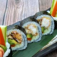 Spider Roll · Soft shell crab, gobo, cucumber, avocado, with eel sauce. Seaweed outside roll cut to 5 big ...