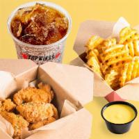 8 Piece Boneless · 8 boneless wings, 2 flavors, waffle fries or tots or veggie sticks, 1 dip, 1 regular drink.