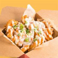 Top Fries · Seasoned waffle fries drizzled with house ranch, buffalo sauce, topped with grated parmesan ...