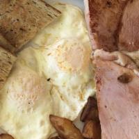 Ham Steak · Served with two eggs choice of seasonal fresh fruit or hash browns or home fries and toast o...