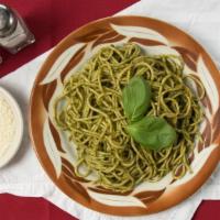 Spaghetti Al Pesto · Basil, garlic, olive oil and Romano are the main ingredients of this delicious sauce.