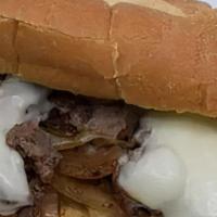 Pepperjack Cheesesteak · Chopped steak, grilled onions with melted pepper jack cheese and chipotle aioli.