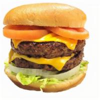 Double Meat Burger · Double Meat Burger with Lettuce, Onion, Cheese, Tomato, Mustard & Ketchup.