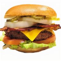 Bacon Burger · Bacon Burger with Lettuce, Onion, Cheese, Tomato, Pickles, Mustard & Ketchup.