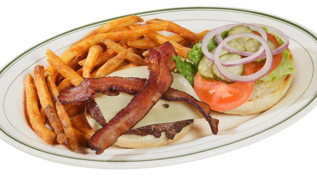 The Axe Burger · 1/2 Lb. Burger with Two strips of bacon, lettuce, tomato, pickle, red onion, swiss cheese and our special dressing on a grilled bun.