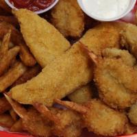 Fried Combo · Shrimps, Calamari, Catfish and Oysters. Served with Cajun fries.