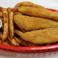 Fish Fillet · Cornbreaded fish fillets. Crusty and juicy. Served with Cajun fries, tartar sauce and ranch.