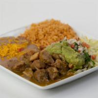 #14. Chile Verde Plate · Your choice of tortilla. Served with lettuce, pico de gallo, guacamole, rice, and beans with...