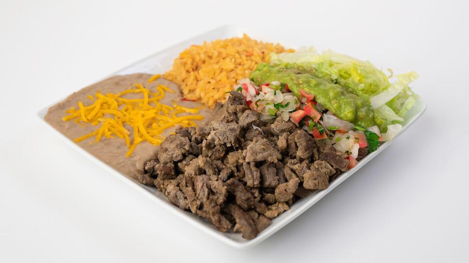 #12. Carne Asada Plate · Your choice of tortilla. Served with lettuce, pico de gallo, guacamole, rice and beans with cheese on top.
