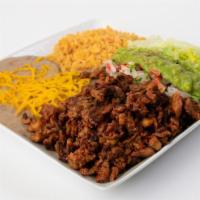 #18. Adobada Plate · Your choice of Tortilla. Served with lettuce, pico de gallo, guacamole, rice, and beans with...