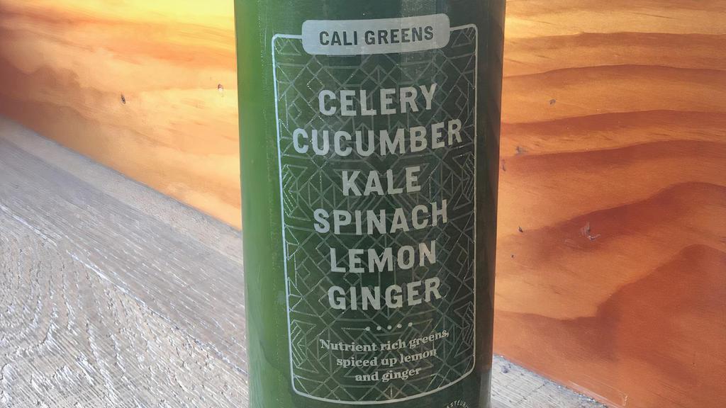 Cali Greens · Celery | Cucumber | Kale | Spinach | Lemon | Ginger
Nutrient rich greens, spiced up with lemon and ginger