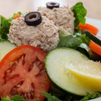 Tuna Salad Salad (Large) · Our Famous Tuna Salad Mix, Tomatoes, Cucumbers, and Lemon Wedges on Green Leaf Lettuce. Bals...