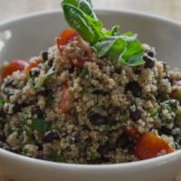 Quinoa Black Bean Salad (Small) · Black Beans, Quinoa, Cherry Tomatoes, Lime, Green Oniions, and Cilantro
