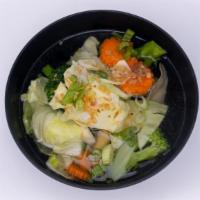 Veggie & Tofu Soup · Cabbage, carrot, broccoli, bok choy and tofu in clear chicken broth. 32oz
