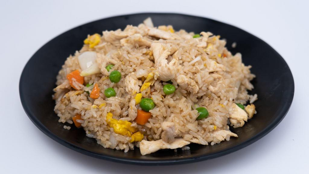 Thai Fried Rice · Thai style fried. Pan fried jasmine rice with your choice of meat, egg,  pea and carrot, onion with homemade soy sauce.(For a better price please give us a call to order)