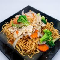 Crispy Noodle · Deep fried egg noodle topped in homemade gravy brown sauce with your choice of meat, broccol...