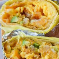 Breakfast Burrito · your choice of protein in a flour tortilla with soft scrambled eggs, extra crispy tater tots...