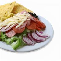 Antipasto Salad · Served with garlic bread. Iceberg lettuce, red onions, green peppers, black olives, tomatoes...