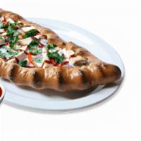 Bbq Calzone · Grilled chicken breast. With ricotta & mozzarella cheese, BBQ sauce, red onions, red bell pe...