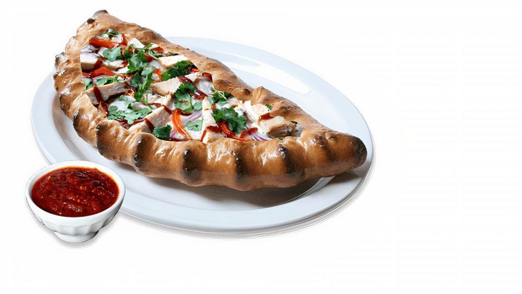 Bbq Calzone · Grilled chicken breast. With ricotta & mozzarella cheese, BBQ sauce, red onions, red bell pepper & cilantro.