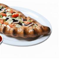 Veggie Calzone (Small) · Homemade tomato sauce, mushroom, mozzarella cheese, red onions, green peppers, black olives,...