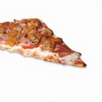Meat Lover Slice · With homemade tomato sauce, mozzarella cheese, pepperoni, salami, Canadian bacon,  sausage &...