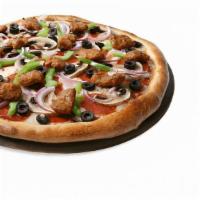 Deluxe Pizza · With homemade tomato sauce, mozzarella cheese, pepperoni, mushrooms, red onions, black olive...