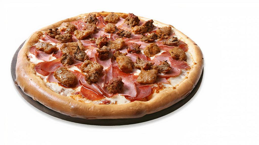 Meat Lovers Pizza · With homemade tomato sauce, mozzarella cheese, pepperoni, salami, canadian bacon, prosciutto, sausage & meatballs.