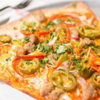 Mexican Pizza · Homemade tomato sauce, cheddar and mozzarella cheese, pepperoni, jalapeño peppers, red onion...