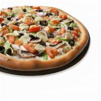 Veggie Pizza · With homemade tomato sauce, mozzarella cheese, mushroom, red onions, green peppers, black ol...