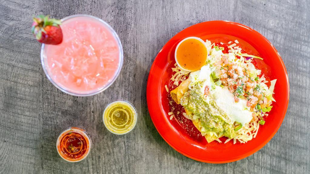 Flautas (4) Pt · Rolled corn tortilla. Taquitos with chicken topped with lettuce, sour cream, guacamole, pico de gallo, mild sauce and Parmesan cheese. Served with rice and beans.