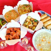 Family Pack · Recommended for 4 people, contains one 32 oz soup, 4 pcs egg rolls, choice of 2 large sides ...