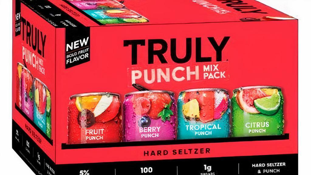 Truly Punch Hard Seltzer Variety 12 Pack 12Oz Can · Truly Punch Hard Seltzer is an explosion of fruit flavor that is all about big flavor and big refreshment. Truly Punch styles are unique mashups of some of your favorite fruits and come in four unique flavors: Fruit Punch, Berry Punch, Citrus Punch and Tropical Punch. Each 12oz. can of Truly has 5% alc./vol., 100 calories and 1g sugars for refreshment that won’t weigh you down. Three 12 oz. cans of each flavor. Gluten Free. Please Drink responsibly 21+.