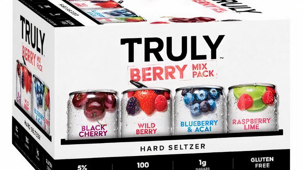 Truly Berry Hard Seltzer Variety 12 Pack 12Oz Can · Truly Berry Mix Pack Hard Seltzer is an explosion of berry flavors that is all about big flavor and big refreshment. Truly Berry Mix Pack styles are unique mashups of some of your favorite fruits and come in four unique flavors. Each 12oz. can of Truly has 5% alc./vol., 100 calories and 1g sugars for refreshment that won’t weigh you down. Three 12 oz. cans of each flavor. Gluten Free. Please Drink responsibly 21+.
