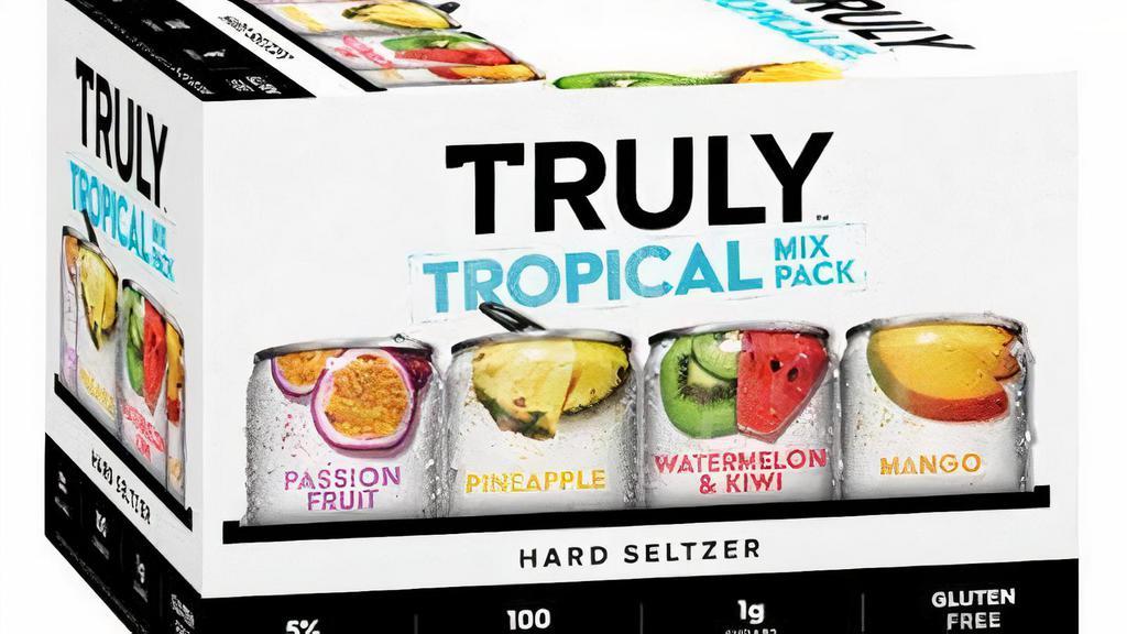 Truly Tropical Hard Seltzer Variety 12 Pack 12Oz Can · Truly Toprival Mix Pack Hard Seltzer is an explosion of tropical flavors that is all about big flavor and big refreshment. Truly Tropixal Mix Pack styles are unique mashups of some of your favorite tropical fruits and come in four unique flavors. Each 12oz. can of Truly has 5% alc./vol., 100 calories and 1g sugars for refreshment that won’t weigh you down. Three 12 oz. cans of each flavor. Gluten Free. Please Drink responsibly 21+.