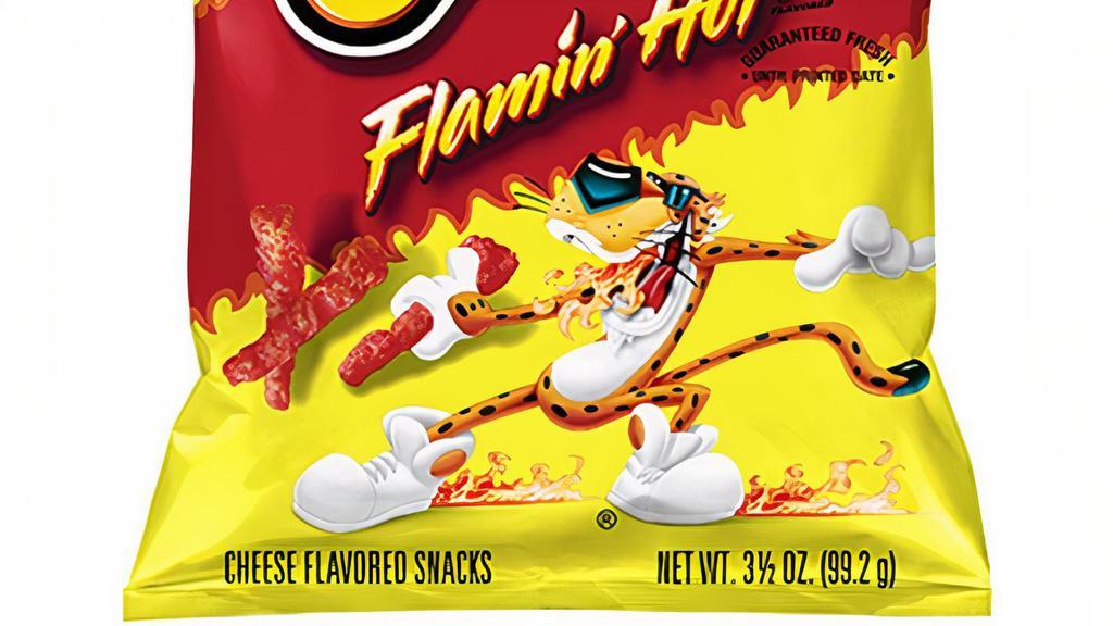 Cheetos Flamin Hot 3.25 Oz · Cheetos® snacks are the much-loved cheesy treats that are fun for everyone! You just can’t eat a Cheetos snacks without licking the “cheetle” off your fingertips. And wherever the Cheetos brand and Chester Cheetah go, cheesy smiles are sure to follow.