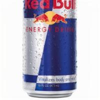 Red Bull 16Oz · With taurine. Lightly carbonated. 220 calories per can. Vitalizes body and mind. Red Bull En...