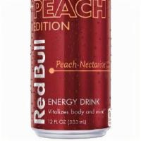 Red Bull Peach Edition 12Oz · Artificially flavored. 160 calories per can. Caffeine content: 114 mg/12 fl oz. Vitalizes bo...