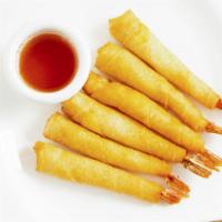 Goong Tod (Fried Shrimp) (7) · Deep fried shrimp wrapped in egg roll skin served with our chef's special sweet & sour sauce