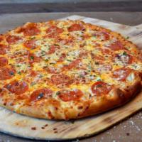 Proper Pepperoni Pizza · Sliced pepperoni, shredded mozzarella and Parmesan cheese, and marinara sauce.