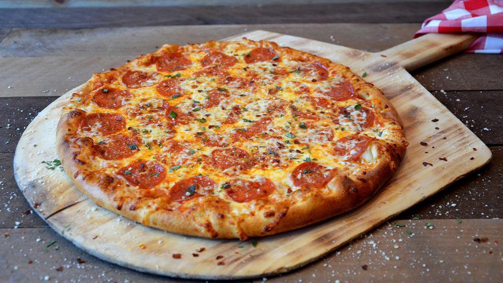 Proper Pepperoni Pizza · Sliced pepperoni, shredded mozzarella and Parmesan cheese, and marinara sauce.