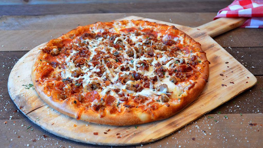 Meatza' Pizza · Pepperoni, chopped bacon, Italian sausage, mozzarella and Parmesan cheese and marinara sauce.