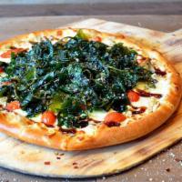 Spinach Pizza · Grilled chicken, red pearl tomatoes, spinach, mozzarella cheese, balsamic glaze and white sa...