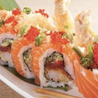 Salmon Crunch · Spicy tuna, shrimp tempura, cucumber, avocado salmon, crunch flakes, and fried onion.
